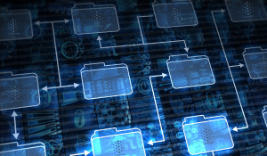 Digital illustration of interconnected file folders representing an AI-powered knowledge management system, symbolizing streamlined content access and data automation in contact centers.
